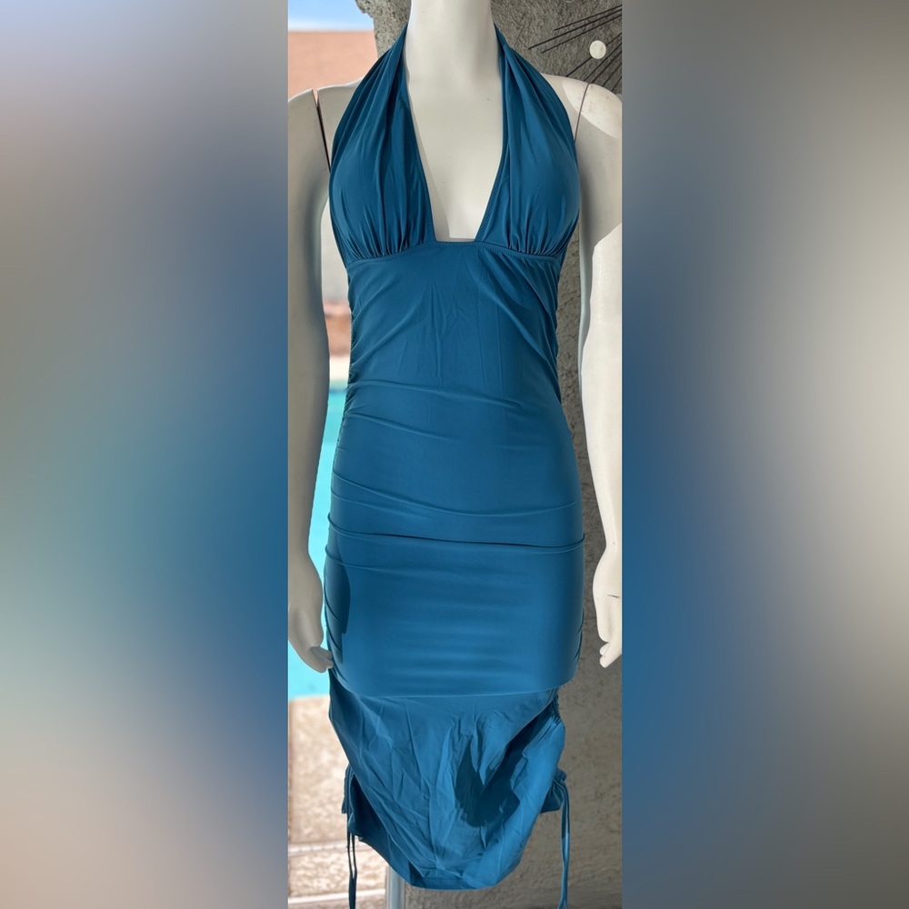 Diva by Rachel Pappo Dark Teal Ruched Halter Swim Coverup Dress, Sz 8 & 10 NWT